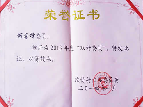 2013年度雙好委員榮譽證書